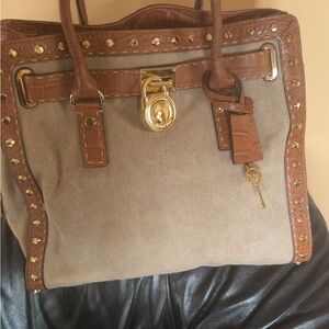 Michael Kors Beige Canvas Tote with Cognac Trim and Gold Hardware